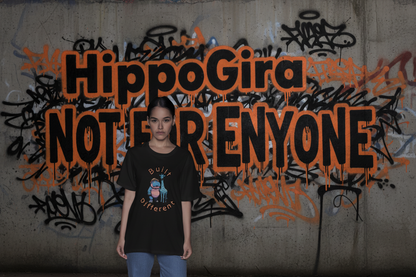 Person wearing a black t-shirt with a graphic design and text in a dark setting
